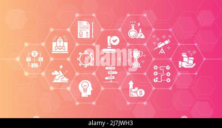 Starten Sie moderne Symbole Linie Banner. Zeitmanagement, Ideengenerierung, Präsentationsillustrationen Konzept für Webdesign. Stock Vektor