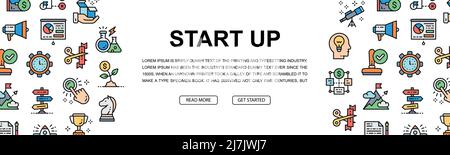 Starten Sie ein horizontales, farbenfrohes Banner. Zeitmanagement, Ideengenerierung, Präsentationsdarstellung. Layout-Vorlage für Webbanner. Stock Vektor