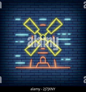 Vektor Windmühle Landschaft Neon-Zeichen. Vektorgrafik im Neon-Stil. Stock Vektor