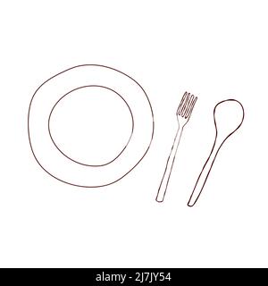 Geschirr Illustrationen Teller, Löffel und Gabel im Doodle Stil Stock Vektor