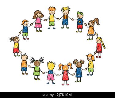 Happy Doodle Stick Kinder halten die Hände. Handgezeichnete lustige Kinder im Kreis. Kinderfreundschaftskonzept. Doodle Kindergemeinde. Vektor Stock Vektor