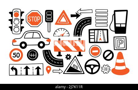 Handgezeichnete Antriebssymbole gesetzt. Autos, Straßenobjekte, Verkehrszeichen und Automobilsymbole im Doodle-Stil. Vektor-Illustration isoliert für Fahrschule Stock Vektor