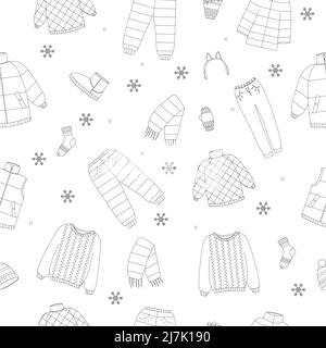 Schöne Winterkleidung Set, tolles Design für jeden Zweck. Flache Vektorgrafik. Nahtloses Muster. Farbbuch. Stock Vektor