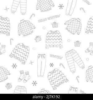Schöne Winterkleidung Set, tolles Design für jeden Zweck. Flache Vektorgrafik. Nahtloses Muster. Farbbuch. Stock Vektor