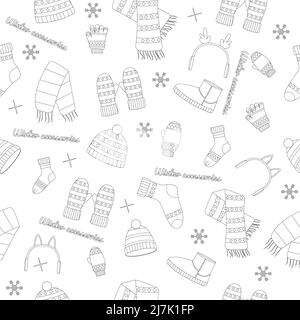 Schöne Winterkleidung Set, tolles Design für jeden Zweck. Flache Vektorgrafik. Nahtloses Muster. Farbbuch. Stock Vektor