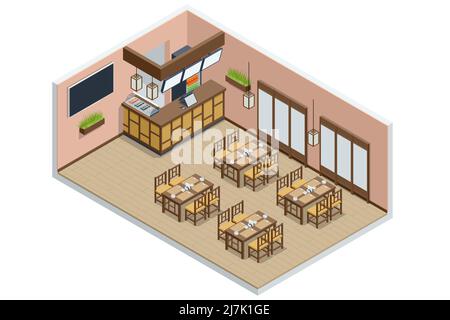 Isometric Fast Food Court Sushi, Japan Fast Food Restaurant. Restaurant Interior, Catering, Einkaufszentrum Stock Vektor