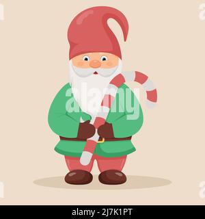 Niedlicher kleiner Gnom mit einem Zuckerrohr in den Händen. Weihnachten und Neujahr Charakter Stock Vektor