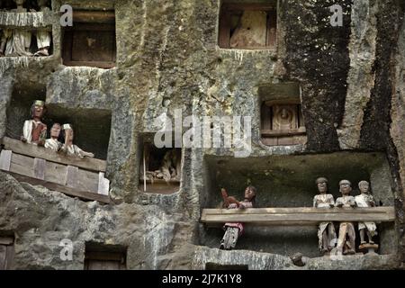 Steingrabeöffnungen und Holzraster auf einer Klippe an einer traditionellen Grabstätte in Lemo, Nord-Toraja, Süd-Sulawesi, Indonesien. Stockfoto