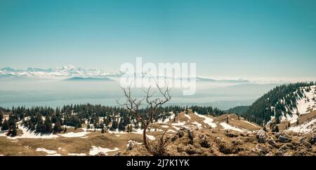 Atemberaubende Aussicht von den Jura-Bergen auf die Französisch / Schweizer Alpen über den Genfer See an einem schönen Winter knackigen Tag. Stockfoto