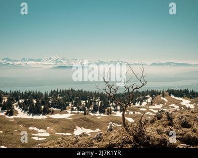 Atemberaubende Aussicht von den Jura-Bergen auf die Französisch / Schweizer Alpen über den Genfer See an einem schönen Winter knackigen Tag. Stockfoto