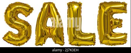 Echte Luftballons in Form von Verkaufswort metallic Gold auf weißem Hintergrund Stockfoto