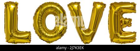 Echte Ballons in Form von Love Word Metallic Gold auf weißem Hintergrund Stockfoto