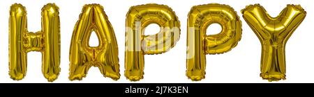 Echte Ballons in Form von Happy Word Metallic Gold auf weißem Hintergrund Stockfoto