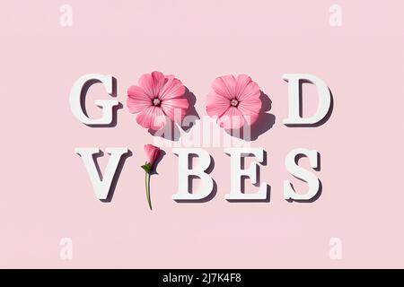 Gute Stimmung. Motivationszitat aus weißen Buchstaben und Schönheit natürliche Blumen auf rosa Hintergrund. Kreatives Konzept inspirierendes Zitat des Tages. Stockfoto