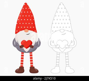 Niedlicher Valentine-Gnome mit einem roten Herz in den Händen. Flache Vektor-Illustration für Valentinstag Geschenk, Karte, Druck, Dekoration. GNOME in Farbe und Stock Vektor