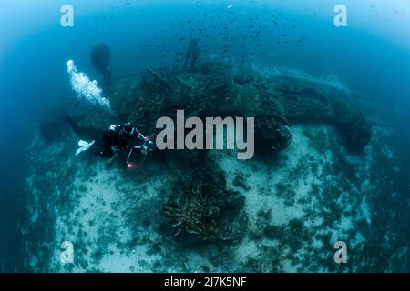 Scuba Diving auf der B-24 Liberator Bomber Wrack, Insel Vis, Mittelmeer, Kroatien Stockfoto