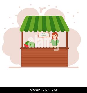 Stallzähler. Lebensmittelmarkttheke mit Obst in den Regalen. Kiosk auf weißem Hintergrund. Stock Vektor