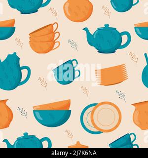 Keramik Küchengeschirr nahtloses Muster. Niedliche handgemachte Keramikplatten, Tassen, Zuckerdose, Teekannen, Geschirr. Küchengeräte Stock Vektor