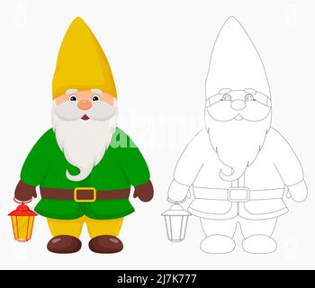 Niedlicher Gartenzwerg mit einer Laterne in den Händen. GNOME in Farbe und Umrandung Stock Vektor
