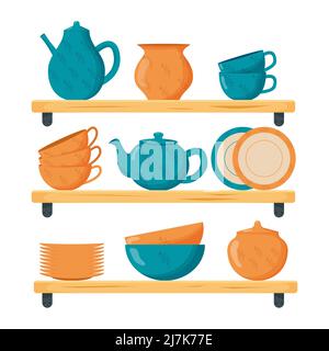 Stellen Sie Keramikgeschirr ein. Niedliche handgemachte Keramikplatten, Tassen, Zuckerdose, Teekannen, Geschirr. Küchengeräte, Keramik Vektor-Illustration Stock Vektor