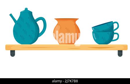 Stellen Sie Keramikgeschirr ein. Niedliche handgemachte Keramikplatten, Tassen, Zuckerdose, Teekannen, Geschirr. Küchengeräte, Keramik Vektor-Illustration Stock Vektor