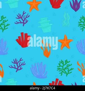 Aquarium Algen nahtloses Muster. Seepflanzen, Meeresalgen. Stock Vektor