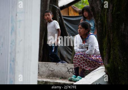 Eine indigene Familie sitzt, als die indigenen Gemeinden der Embera das provisorische Lager verlassen, das vor 8 Monaten errichtet wurde und wo mehr als 1000 indigene Bevölkerung peopl Stockfoto