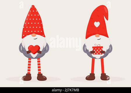 Set von niedlichen Valentine Gnomen. Flache Vektor-Illustration für Valentinstag Geschenk, Karte, Druck, Dekoration Stock Vektor