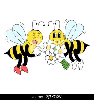 Vektor-Illustration von Bienen im traditionellen Cartoon-Stil. Ungeziefer auf einem romantischen Date. Kindliche Zeichnung zum Ausdrucken, Poster, Aufkleber, Grußkarte Stock Vektor