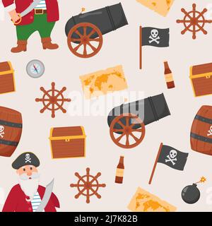 Bundle Seamless Pirate Muster. Bundle Pirat, Schatzkarte, Rum, Schiffsrad, Ankertonnenbombe Stock Vektor