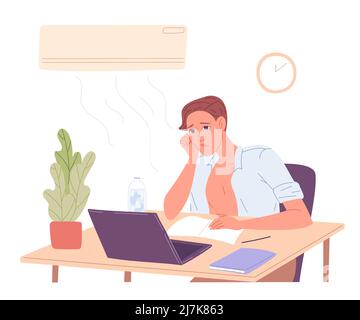 Mann arbeitet und das Zimmer ist sehr heiß. Stock Vektor