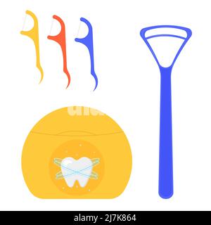 Set aus verschiedenen Arten von Zahnseide. Kunststoffbehälter mit Gewinde für Zahn. Dentalwerkzeuge. Stock Vektor