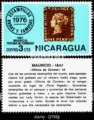 MOSKAU, RUSSLAND - 27. MÄRZ 2022: Briefmarke gedruckt in Nicaragua zeigt 1847 - Mauritius Post Office, Philatelie Serie, um 1976 Stockfoto