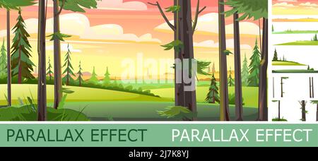 Landschaftspanorama mit Parallax-Effekt. Blick auf Felder, Gemüsegarten und Wiesenhügel. Morgens oder abends Landschaft in der Natur. Abbildung Stock Vektor