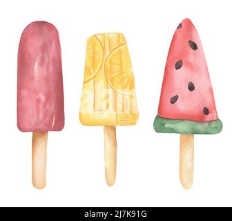 Aquarell Eis Cliparts Set, Sommer Food Illustration, Wassermelone und Zitruseis Druck Stockfoto