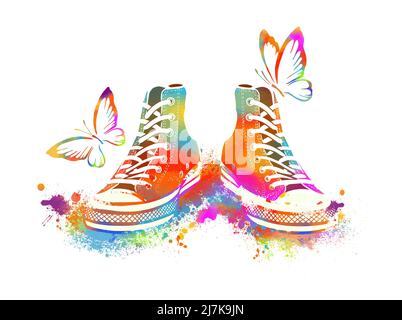 Bunte Regenbogen Sneaker mit Schmetterlingen. T-Shirt-Druck. Vektorgrafik Stock Vektor