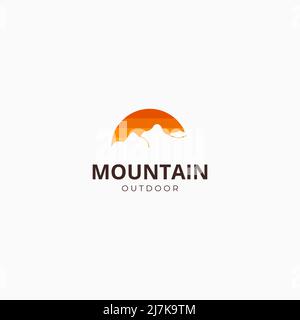 Mountain Sun Logo Design, minimalistisches Landschafts Logo Design Hügel Berggipfel, Berg Logo Design für Outdoor-Sportarten und Aktivitäten Stock Vektor