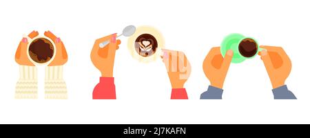 Ein Satz menschlicher Hände hält eine heiße Tasse Kaffee in der Hand Stock Vektor