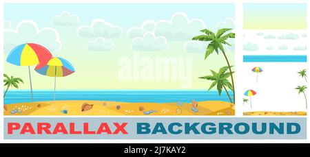 Strand am Meer. Legt den Parallaxeneffekt fest. Sommerlandschaft. Weit weg ist der Ozeanhorizont. Muscheln, Sand und Sonnenschirme. Ruhiges Wetter. Flache Illustration. Vektor. Stock Vektor