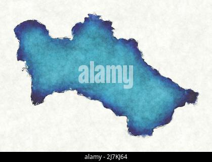 Turkmenistan-Karte mit gezeichneten Linien und blauer Aquarell-Illustration Stockfoto