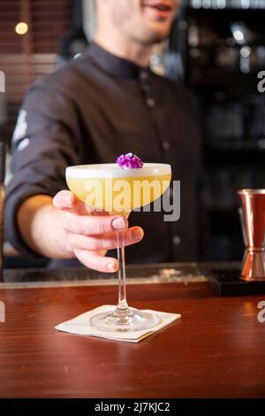 Der junge Barkeeper in Uniform serviert einen köstlichen, sauren, erfrischenden Cocktail, der mit Blütenblättern verziert ist, während er an der Theke in der Bar steht Stockfoto