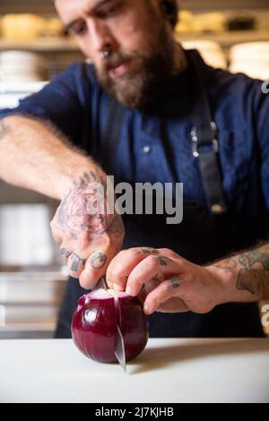 Fokussierter tätowierte Chefkoch in Schürze, der rote Zwiebeln mit Messer hackt, während er in einer hellen Küche kocht Stockfoto