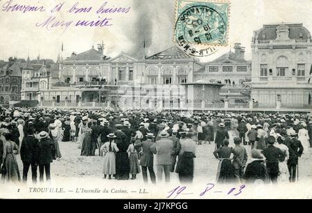 Trouville-sur-Mer, The Casino on Fire, 1903 Abteilung: 14 - Calvados Region: Normandie (ehemals Basse-Normandie) Vintage-Postkarte Stockfoto