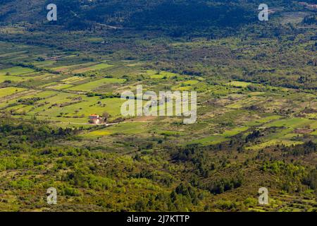 Felder und Dörfer in der Region Konavle in der Nähe von Dubrovnik. Aus der Vogelperspektive. Stockfoto