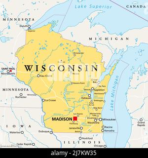 Wisconsin, WI, politische Karte, mit der Hauptstadt Madison und der Metropolregion Milwaukee. Staat im oberen Mittleren Westen der Vereinigten Staaten von Amerika. Stockfoto