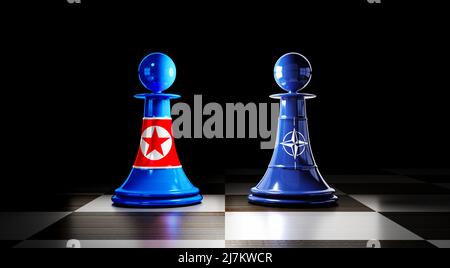 Beziehungen zwischen Nordkorea und der NATO, Schachfiguren mit Flaggen - 3D Illustration Stockfoto