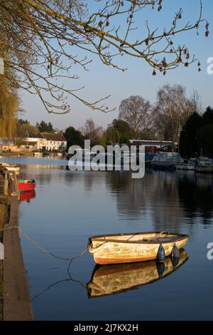 Die Norfolk Broads mit der untergehenden Sonne, die die verankerten Ruderboote auf dem Fluss Yare, Thorpe St Andrew, Norwich, Norfolk, England, VEREINIGTES KÖNIGREICH Stockfoto