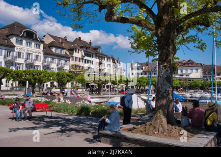 KÜSTENLINIE ZUM ZÜRICHSEE BEI RAPPERSWIL MIT GESCHÄFTEN, RESTAURANTS UND WOHNUNGEN IM HINTERGRUND UND DEM HAFEN MIT PROMENADE IM VORDERGRUND Stockfoto