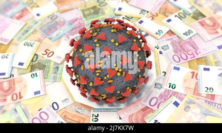 Coronavirus und viele Euro-Banknoten Stockfoto