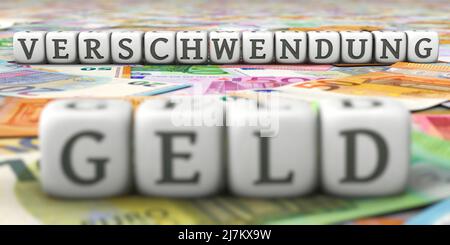 Weiße Würfel mit dem deutschen Wort Geldverschwendung auf vielen Euro-Banknoten Stockfoto